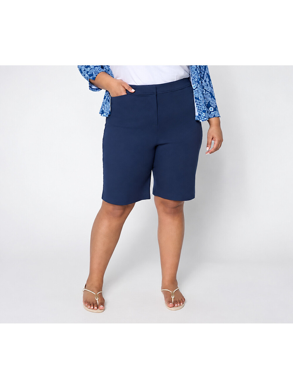 Susan Graver Weekend Regular Stretch Cotton Bermuda Short Navy, X-Large